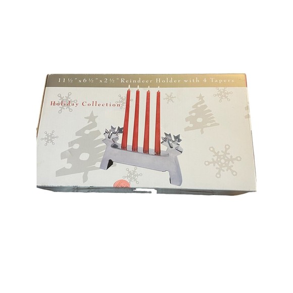 HOLIDAY COLLECTION 4 CRIMSON TAPER CANDLES WITH SHINY METALLIC REINDEER HOLDER - Picture 7 of 7